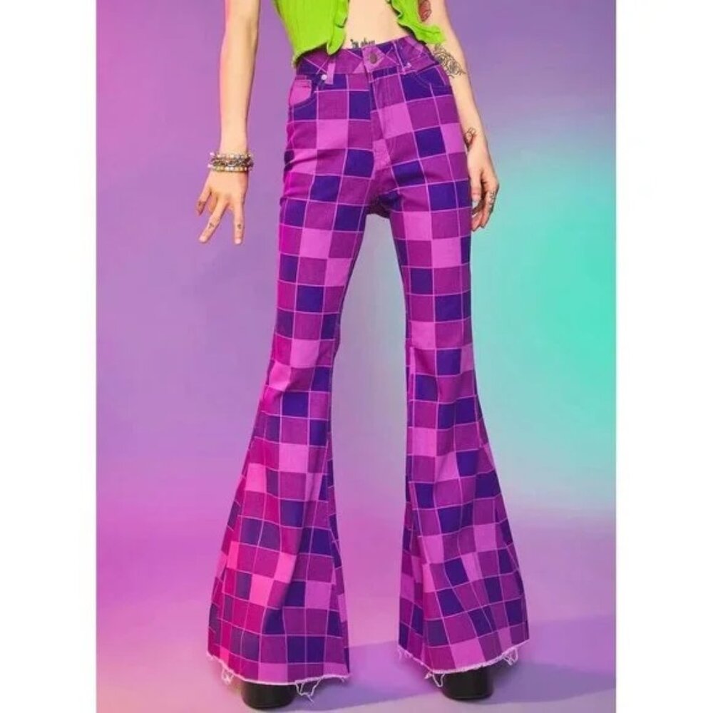 💥RETRO CHIC💥Dolls Kill American Bazi Checkered Flare Jeans in Purple/Plum/Pink - Picture 2 of 12